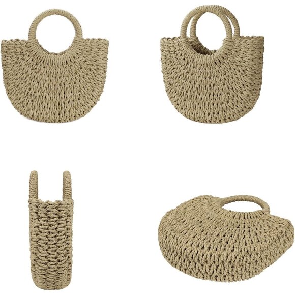 Woven Straw Beach Bag for Womem Top Handle Khaki Crossbody and Shoulder Strap - Picture 2 of 6